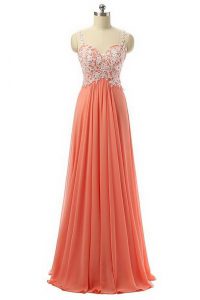 Eye-catching Watermelon Red Empire Organza Spaghetti Straps Sleeveless Beading and Appliques Floor Length Zipper Prom Ev