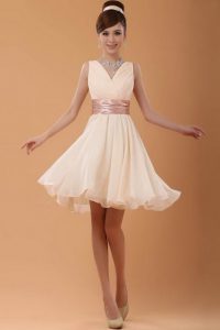 Sleeveless Mini Length Belt Zipper Prom Dresses with Peach
