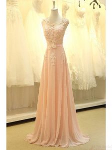 Best Scoop Peach Organza Zipper Prom Dresses Sleeveless Sweep Train Lace and Belt