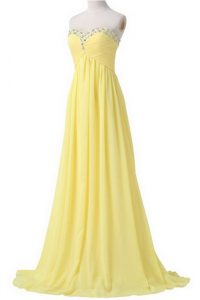 Fashionable Light Yellow Lace Up Prom Dress Beading and Ruching Sleeveless With Brush Train