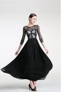 Super Scoop Ankle Length Column/Sheath 3 4 Length Sleeve Black Dress for Prom Zipper