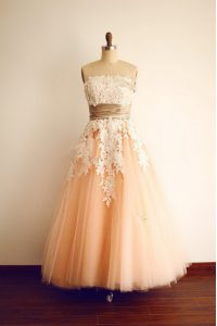 Peach A-line Strapless Sleeveless Organza Floor Length Zipper Lace and Appliques and Belt Prom Party Dress