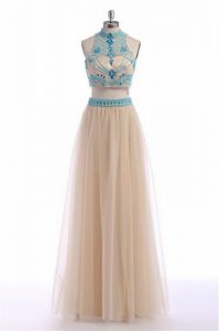Champagne Tulle Zipper High-neck Sleeveless Floor Length Prom Dresses Beading and Appliques and Belt