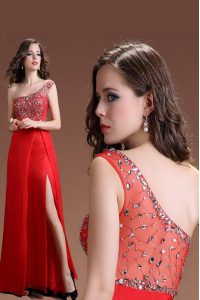 Pretty Red Side Zipper One Shoulder Beading Prom Evening Gown Satin Sleeveless
