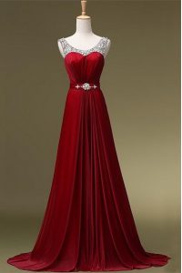 Enchanting Scoop Sleeveless Chiffon Brush Train Zipper Prom Dresses in Wine Red with Beading and Belt