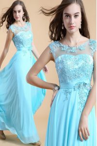 Beautiful Scoop Aqua Blue Sleeveless Floor Length Appliques Zipper Prom Evening Gown