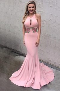 Mermaid Scoop Pink Elastic Woven Satin Criss Cross Prom Dresses Sleeveless With Brush Train Appliques