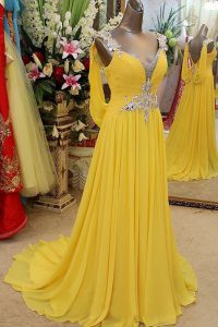 Yellow Scoop Neckline Appliques Prom Party Dress Sleeveless Backless