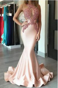 Delicate Mermaid With Train Peach Prom Dresses Scoop Sleeveless Brush Train Zipper
