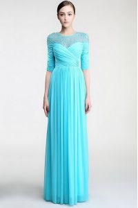 Aqua Blue Prom Dress Prom and Party and For with Beading and Ruching Scoop Sleeveless Zipper