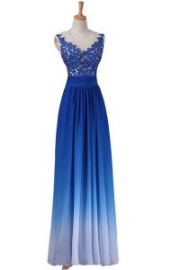 Sleeveless Chiffon Floor Length Backless Prom Party Dress in Blue with Lace