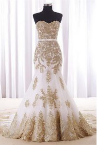 Luxurious Mermaid White Organza Lace Up Evening Dress Sleeveless With Brush Train Lace and Appliques and Embroidery