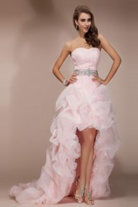 Glamorous Floor Length Baby Pink Dress for Prom Organza Brush Train Sleeveless Beading