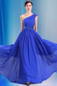One Shoulder Royal Blue Chiffon Side Zipper Prom Evening Gown Sleeveless Floor Length Ruching and Belt
