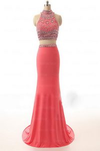 Luxury Watermelon Red Empire Satin High-neck Sleeveless Beading and Appliques and Belt Backless Evening Dress Brush Trai