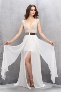 White Tulle Zipper Sleeveless Sweep Train Lace and Belt