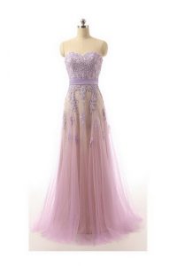 Best Lilac Prom Gown Organza Brush Train Sleeveless Lace and Appliques and Belt
