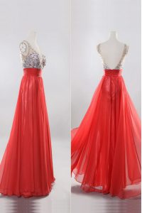 Nice Floor Length Zipper Prom Dresses Coral Red for Prom and Party with Beading