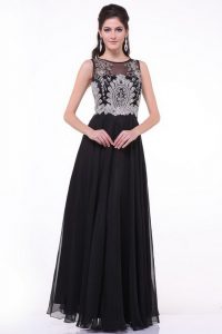 Scoop Black Chiffon Zipper Prom Gown Sleeveless Floor Length Beading and Appliques and Ruching