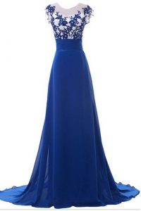 Enchanting Scoop Blue Sleeveless Brush Train Beading and Appliques With Train Prom Dresses