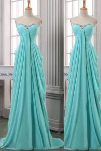 Exquisite With Train Column/Sheath Sleeveless Turquoise Dress for Prom Brush Train Zipper