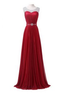 Fabulous Scoop Wine Red Sleeveless With Train Beading and Ruching Zipper Prom Dresses