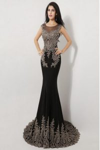 High End Mermaid Scoop Black Sleeveless Floor Length Appliques Zipper Prom Dress