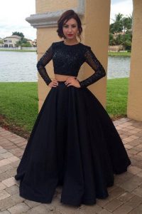 Customized Scoop Long Sleeves Chiffon Floor Length Zipper Prom Party Dress in Black with Sequins