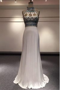 Dramatic With Train Zipper Prom Dresses White for Prom and Party with Beading Brush Train
