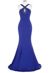 Mermaid Halter Top Sleeveless Brush Train Zipper Prom Dresses Royal Blue Elastic Woven Satin