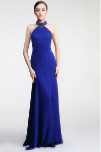 Royal Blue Zipper High-neck Lace Prom Gown Satin Sleeveless Sweep Train