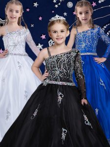 Floor Length Black Kids Pageant Dress Organza Sleeveless Beading
