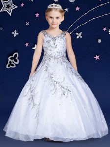 Sophisticated Scoop White Sleeveless Floor Length Beading Zipper Little Girl Pageant Dress