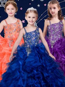 Edgy Royal Blue and Purple and Orange Ball Gowns Beading and Ruffles Kids Formal Wear Lace Up Organza Sleeveless