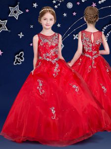 Sexy Scoop Beading and Appliques High School Pageant Dress Red Zipper Sleeveless Floor Length