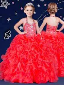 Halter Top Sleeveless Organza Floor Length Zipper Little Girls Pageant Dress in Coral Red with Beading and Ruffles
