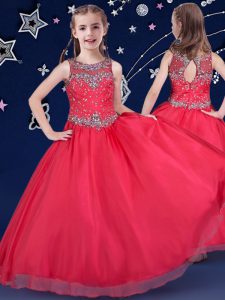 Scoop Beading Little Girls Pageant Gowns Red Zipper Sleeveless Floor Length
