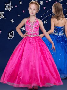 Luxury Halter Top Organza Sleeveless Floor Length Child Pageant Dress and Beading