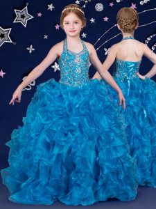 High Quality Halter Top Sleeveless Little Girls Pageant Gowns Floor Length Beading and Ruffles Blue Organza