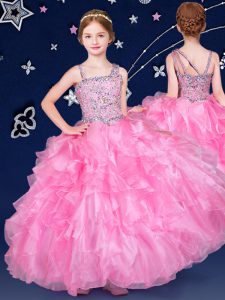 Amazing Rose Pink Sleeveless Beading and Ruffles Floor Length Little Girls Pageant Gowns