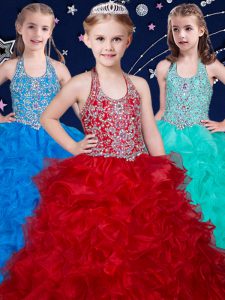 Wine Red and Baby Blue and Turquoise Halter Top Neckline Beading and Ruffles Girls Pageant Dresses Sleeveless Zipper