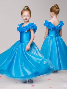Custom Made Ankle Length Blue Little Girl Pageant Dress Off The Shoulder Cap Sleeves Zipper