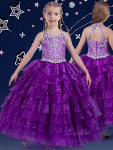 Classical Ruffled Halter Top Sleeveless Zipper Girls Pageant Dresses Eggplant Purple Organza
