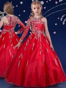 Gorgeous Floor Length Zipper Little Girls Pageant Gowns Red for Quinceanera and Wedding Party with Beading and Ruffles