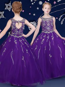 Deluxe Scoop Floor Length Ball Gowns Sleeveless Purple Pageant Dress for Teens Lace Up