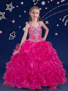 Nice Halter Top Floor Length Lace Up Child Pageant Dress Fuchsia for Quinceanera and Wedding Party with Beading and Ruff