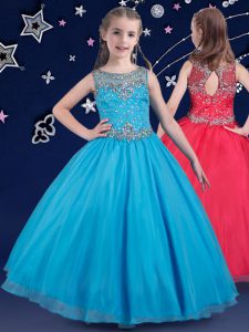 Hot Selling Scoop Sleeveless Zipper Kids Pageant Dress Baby Blue Organza