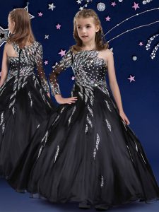 Fancy Floor Length Zipper Little Girls Pageant Dress Wholesale Black for Quinceanera and Wedding Party with Beading and 