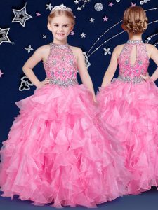 Luxurious Halter Top Beading and Ruffles Pageant Gowns Rose Pink Zipper Sleeveless Floor Length