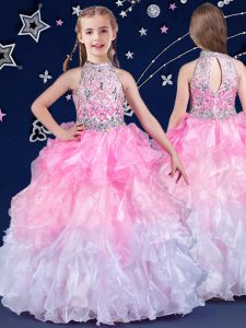 Halter Top White and Pink And White Ball Gowns Beading and Ruffles Girls Pageant Dresses Zipper Organza Sleeveless Floor